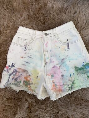 High-Rise White Paint-Splatter Denim Shorts